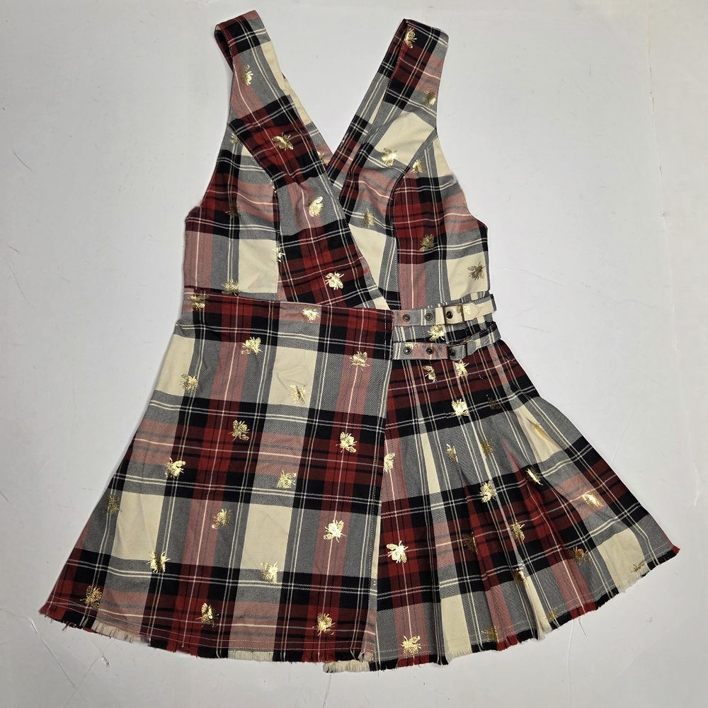 Urban Outfitters Plaid Bee Wrap Dress Jumper Size M Pleated Punk Goth Academia